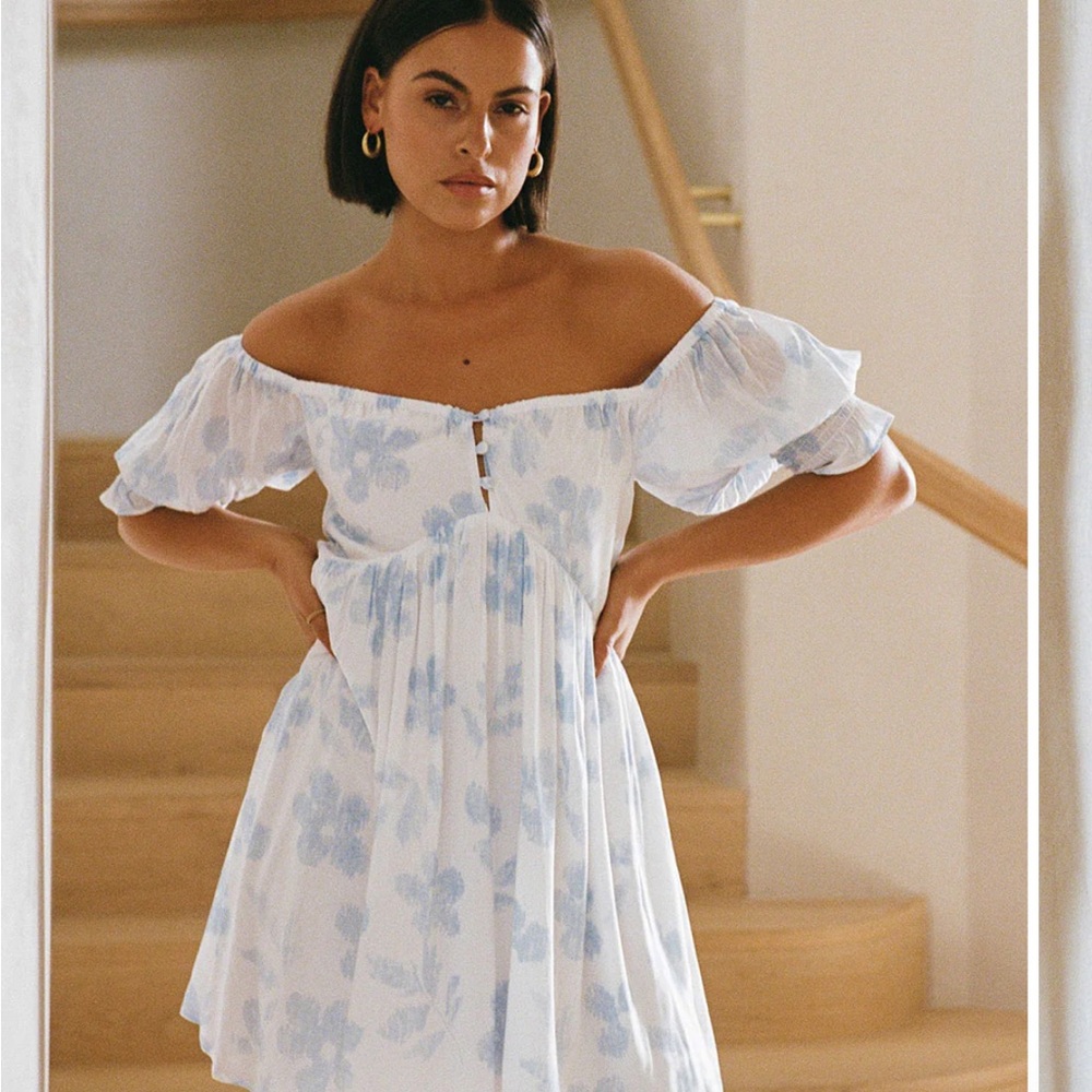Off-Shoulder Blue Floral Dress